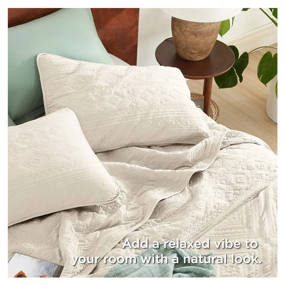 Boho Quilt Queen Size Beige, Modern Geometric Stitched Quilted Bedding Sets